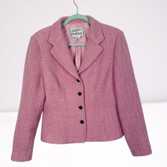 Rickie Freeman for Teri Jon Women Wool Blend Shimmer Tweed Blazer Size 12 Pink - Picture 1 of 9